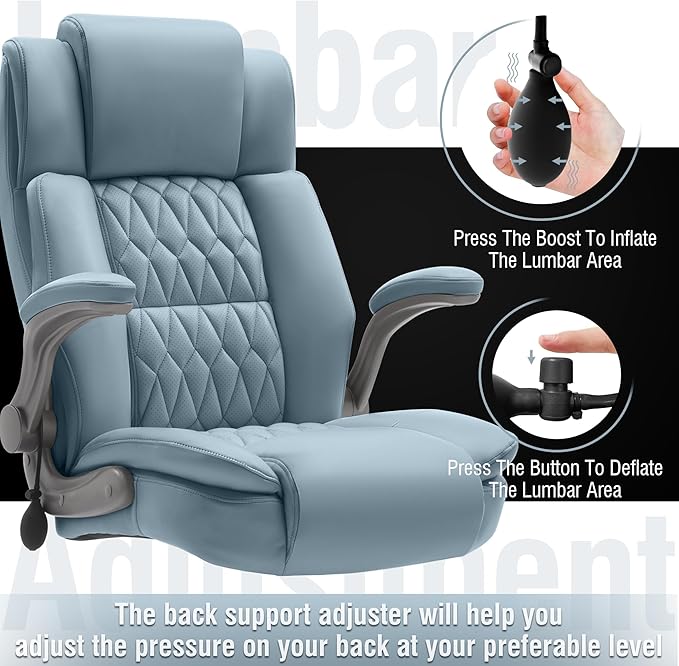 Large High Back Office Chair - Adjustable Lumbar Support Flip Up Arms Heavy Duty Quiet Wheels Metal Base Breathable Bonded Leather Ergonomic Executive Computer Desk Chair with Storage Bags, Blue