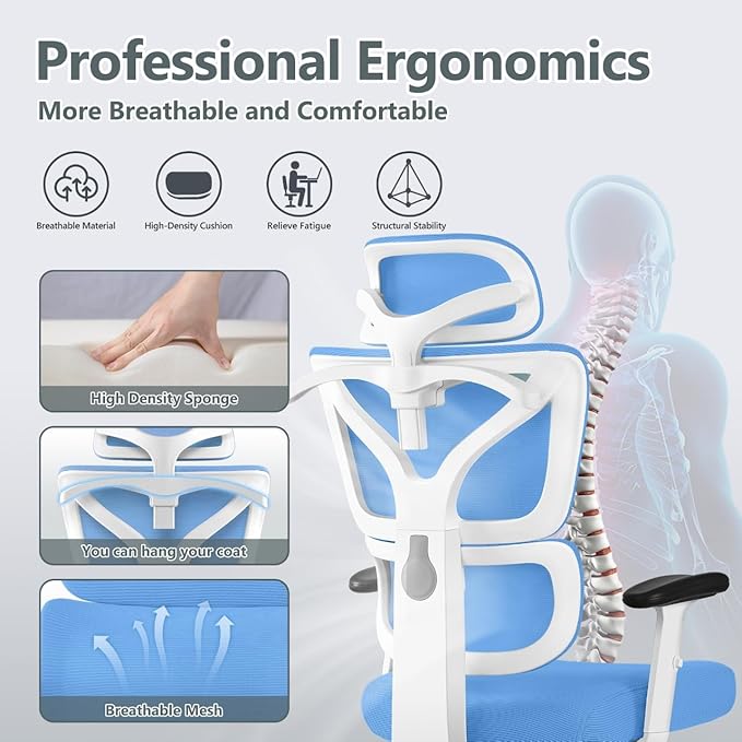 Winrise Office Chair Ergonomic Desk Chair, High Back Gaming Chair, Big and Tall Reclining chair Comfy Home Office Desk Chair Lumbar Support Breathable Mesh Computer Chair Adjustable Armrests(Sky Blue)