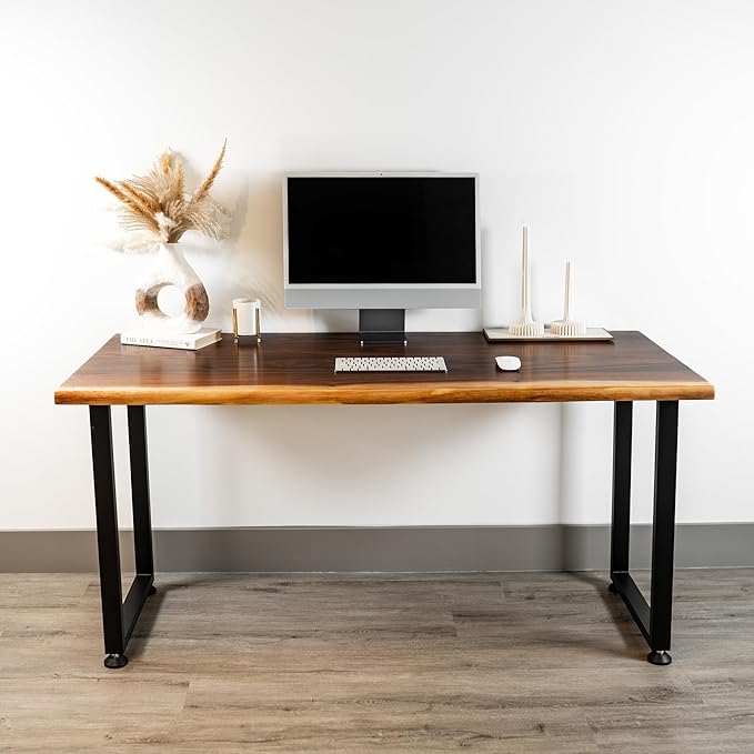 Solid Walnut Wood Computer Desk – Live Edge Wooden Home Office Desk with Sturdy Metal Legs – Handmade Real Wood Table for Work, Study, or Gaming - 60” x 27”