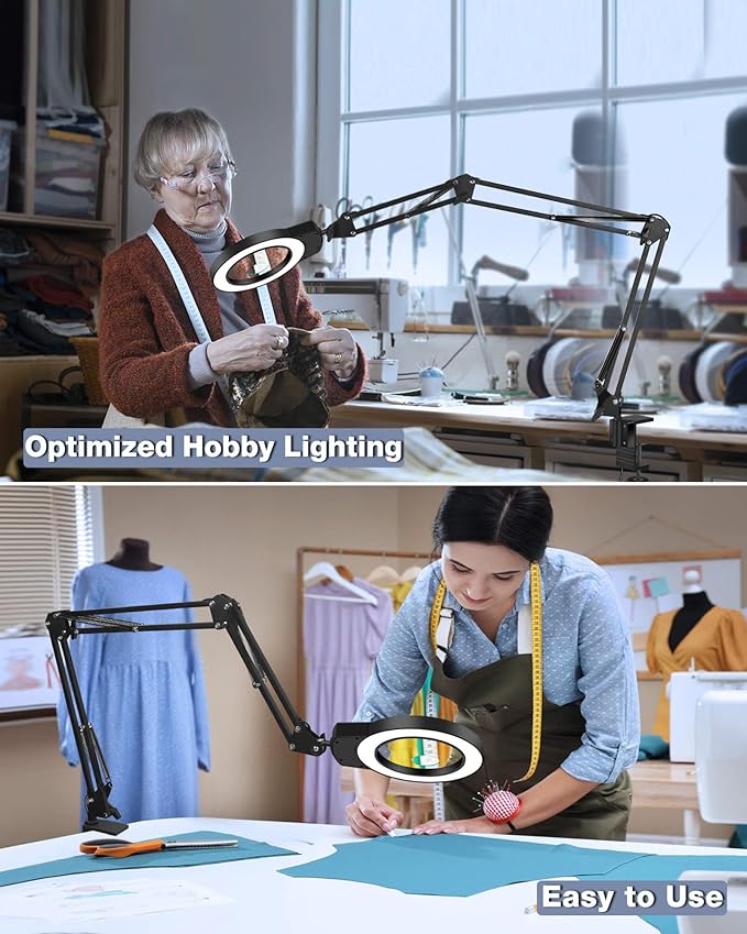NOEVSBIG Desk Magnifying Glass with Light 10+5X Desktop Lamp Close Work Up for Table Crafting, Reading, Sewing, Panting, Soldering, Ultra Long 3-Section Swing Arm Design for Large Workbench