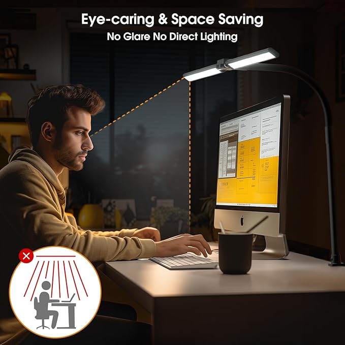 LED Desk Lamp for Home Office - Eye-Caring Computer Desk Light with Clamp, Rotatable Computer Lighting with Color Changing, Dimmable Monitor Table Lamp with Gooseneck, Double Head, Black