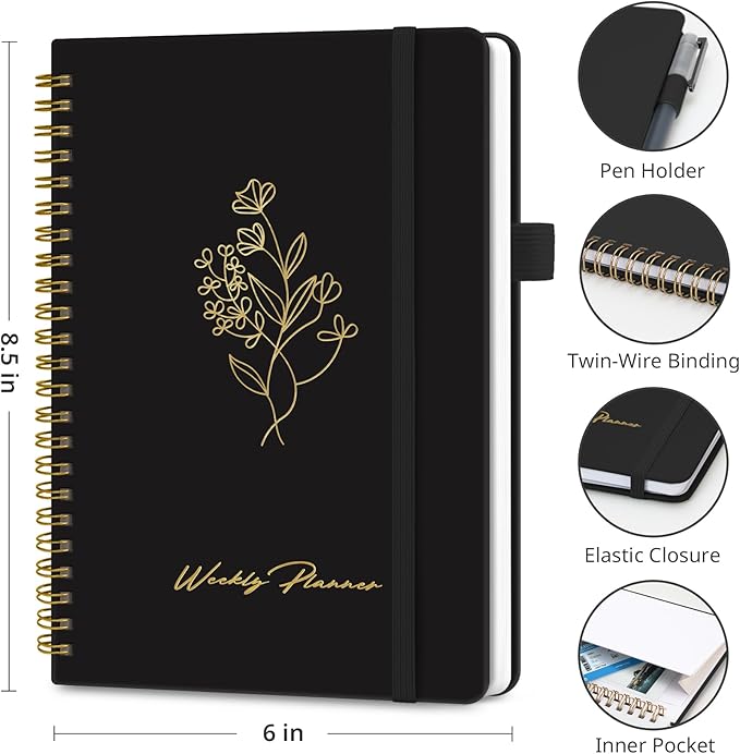 Undated Weekly Planner, Weekly To Do List Notebook with Goal & Habit Tracker Organizer, A5 Weekly Planner Notebook with Spiral Binding, 6.1" x 8.2" - Black
