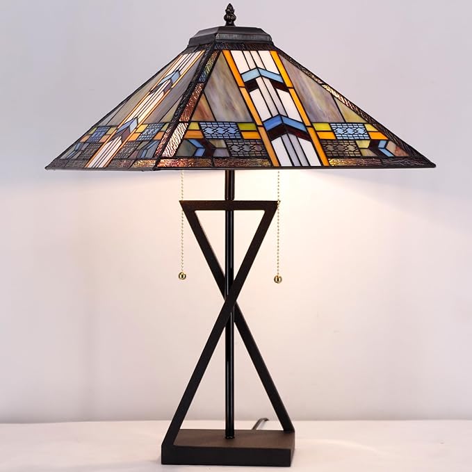 Tiffany Table Lamp Stained Glass Blue Cloudy Mission Style Desk Reading Light 16X16X25 Inch