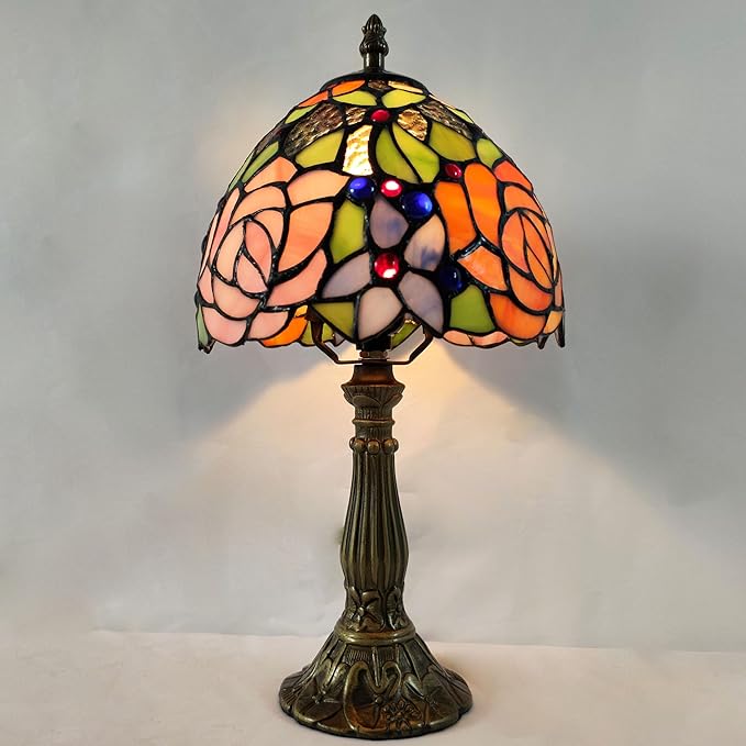 Small Tiffany Table Lamp 8 Inch Tiffany Style Desk Lamp Stained Glass Antique Light Decoration Bedroom Bedside Lamp Retro Reading Lamps (Yellow Pink Roses Style)