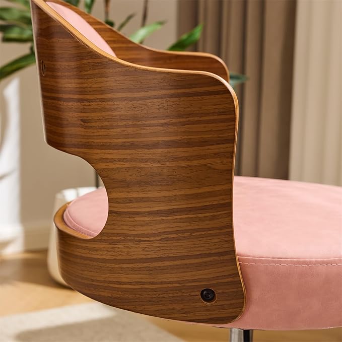 VINGLI Armless Home Office Desk Chair, Adjustable Swivel Chair,Dual-Use with/no Wheels,Small Retro Designed Walnut Curved Task Chair,Cushioned Nail Tech Chair for Study Area,Workspace,PU,Pink