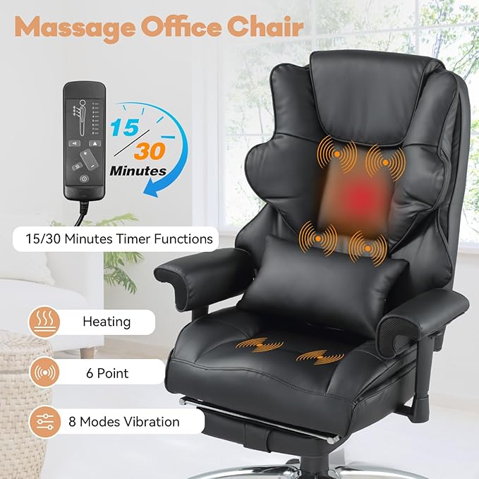 Massage Office Chair with Foot Rest, Ergonomic Executive Heated Office Chair with Reclining Backrest, Adjustable Arms and Lumbar Support, High Back Leather Desk Chairs for Home Office, Black