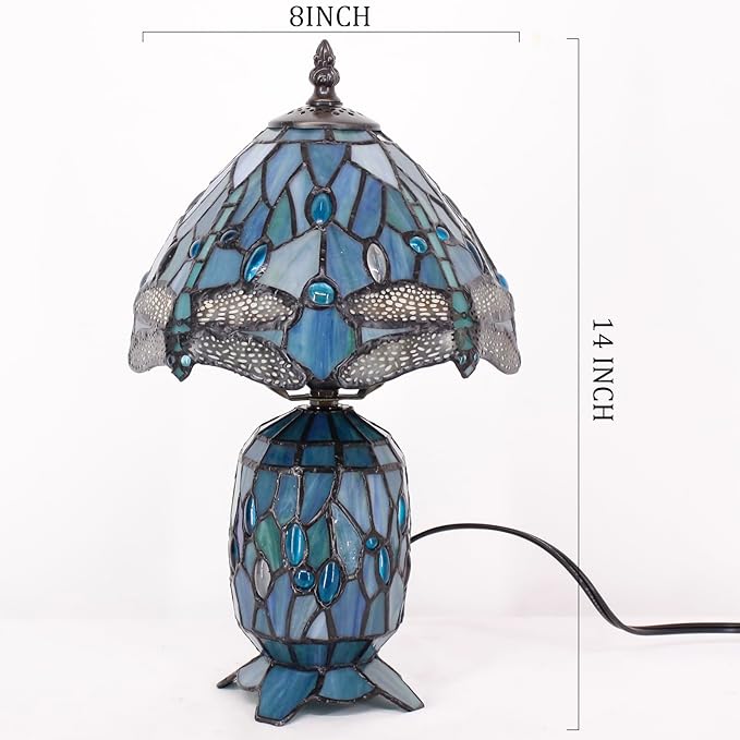 Small Tiffany Lamp Stained Glass Table Lamp Mini Mother Daughter Vase Desk Accent Light for Bedroom Bedside Reading Home Antique Style Decor 8X14 Inches (Sea Blue Dragonfly)