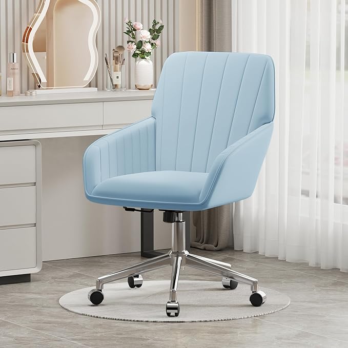 YISHENG Velvet Office Desk Chair with Silver Base, with Wheels,Modern Height Adjustable 360 Degree Swivel Upholstered Vanity Chairs with Arms for Living Room Bedroom,Light Blue