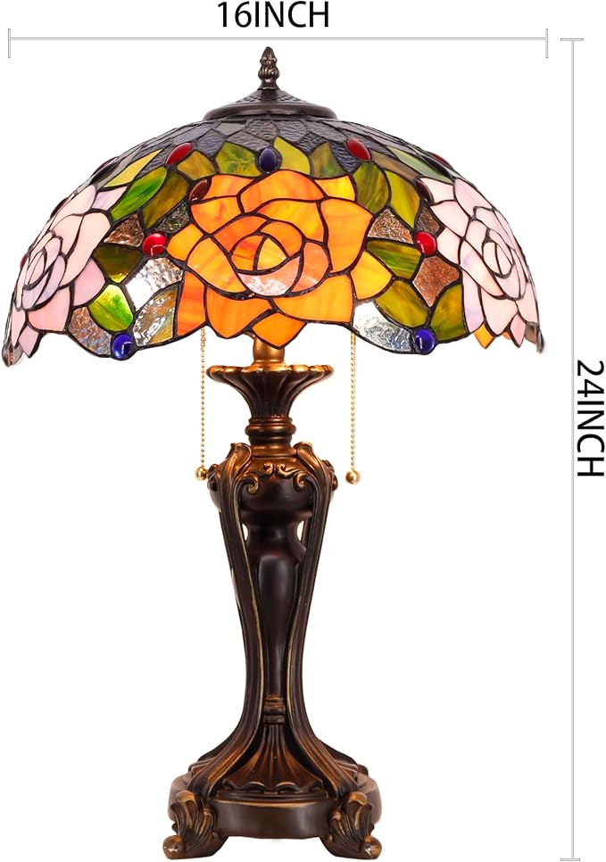 Tiffany Stained Glass Table Lamp 16X16X24 Inch Purple Orange Rose Flower Style Desk Bedroom Living Room Antique Reading Light (Purple Orange Rose)