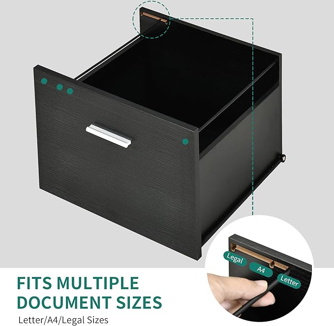 YITAHOME File Cabinet with Charging Station, Mobile Lateral Filing Cabinet with Lock for Home Office, Printer Stand with Open Storage Shelf, Fits A4, Letter, Legal Size Files, Office Furniture, Black