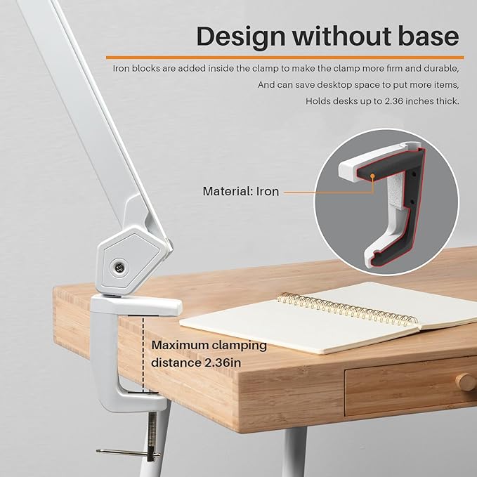 LED Architect Desk Lamp, 2300 Lumens, Dimmable, Metal Swing Arm, 5 Color Temperatures, 30W, Ideal for Task Work, Drafting, Reading, Clamp-on Office Table Lamp with 360 Bright LEDs (White, CCT)