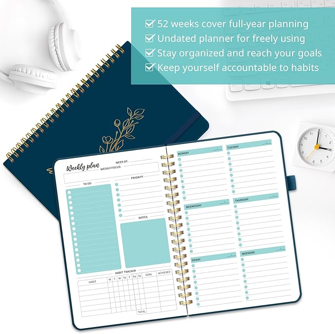 Undated Weekly Planner, Weekly To Do List Notebook with Goal & Habit Tracker Organizer, A5 Weekly Planner Notebook with Spiral Binding, 6.1" x 8.2" - Navy