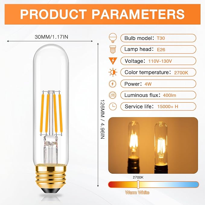 ToBeGreat T30 Light Bulbs 4 Watt Equivalent 40W Bulb E26 Tubular Bulbs T10 LED Bulb Warm White 2700K,Desk Lamp,Bedbroom Bathroom Dimmable,Chandelier (Clear, 5 in (6pack))