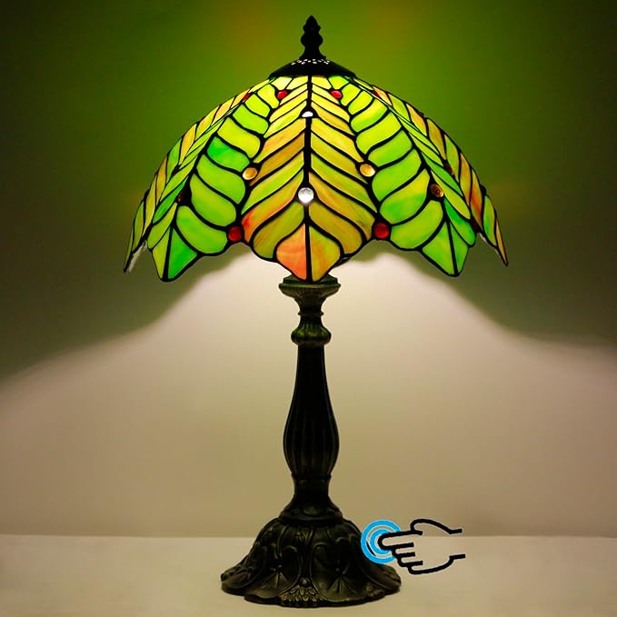 Tiffany Lamp Touch Control Table Lamp Brown Green Leaf Style Stained Glass Desk Lamp 12X12X19 Inches Reading Light
