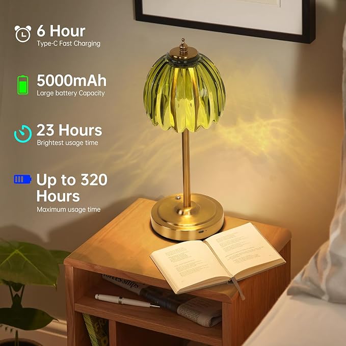 Set of 2 Cordless Table Lamp with 5000mAh Battery & Touch Control - 3 Adjustable Color Temperatures, Dimmable RechargeableTable Lamps for Bedroom, Office Desk, Nightstand (Green Tulip)