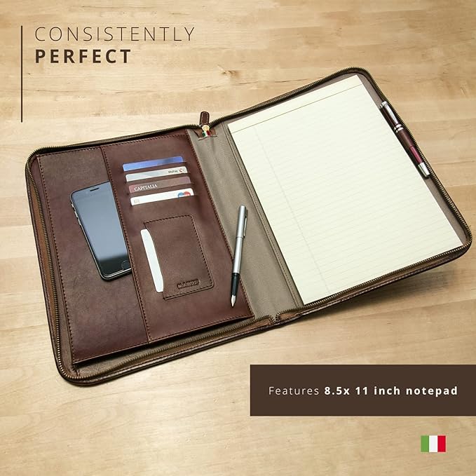 Premium Maruse Leather Portfolio Padfolio - Executive Folio for Men and Women with Zipper, Folio Document Organizer, Laptop Sleeve, iPad Case and Folder - Made in Italy, Brown