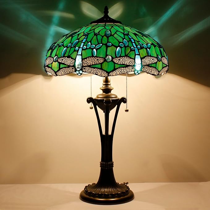 Tiffany Table Lamp Green Stained Glass Desk Lamp 16X16X24Inches Dragonfly Style Reading Light