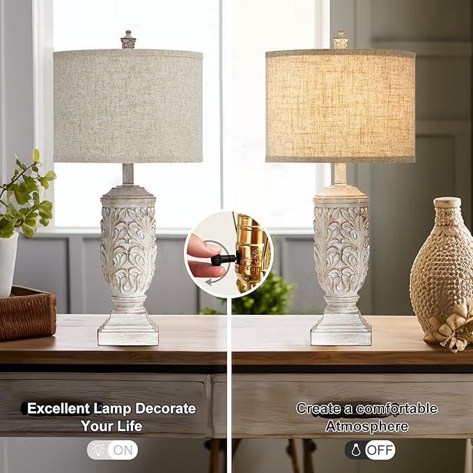 Set of 2 Farmhouse Table Lamps, 27.5'' Tall Rustic Bedside Lamps with USB Ports, Vintage Nightstand Lamp Leafwork White Resin Lamp with Rotary Switch for Living Room,Bedroom, End Table, Decor