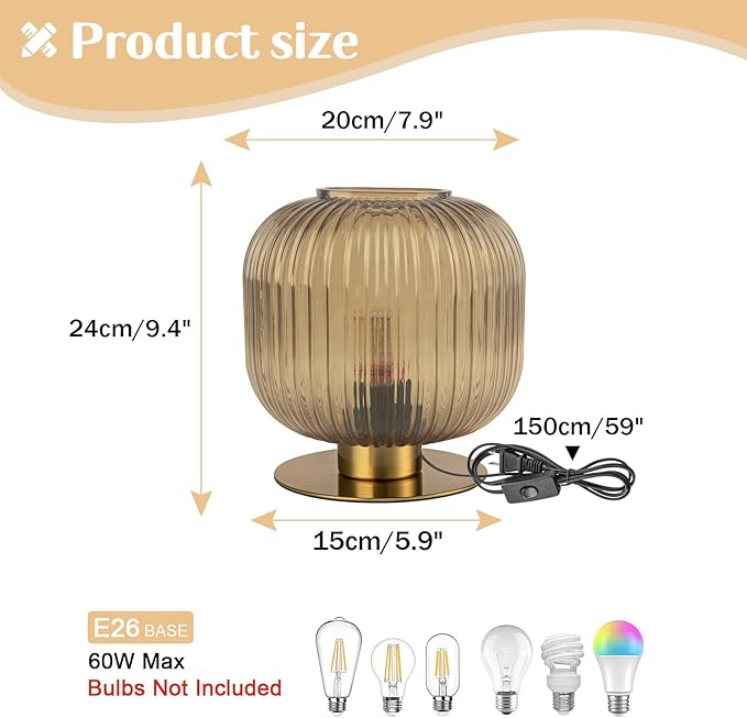 Ribbed Glass Table Lamp, Mid Century Modern Gold Bedside Lamp Brass Desk Lamp for Bedroom Nightstand Living Room Study Office (7.9-inch Smoke Gray)