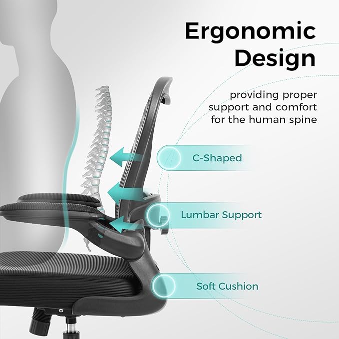ALPHA HOME Office Chair Ergonomic, Mesh Computer Chair with Lumbar Support Executive Stool with Flip-up Armrest & Padded Cushion, BIFMA & SGS Certified