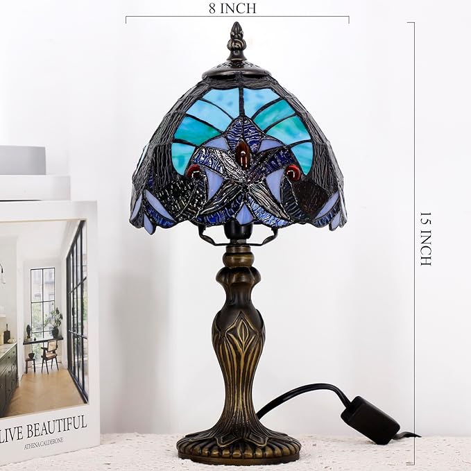 Small Tiffany Lamp Stained Glass Table Lamp Mini Desk Accent Light for Bedroom Bedside Reading Home Antique Style Decor 8X15 Inches (Green)