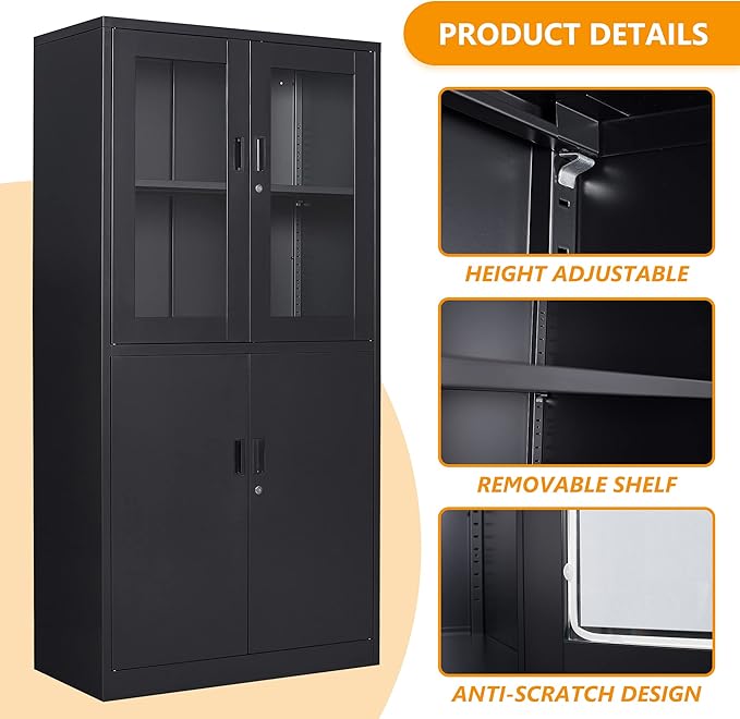 STANI Black Metal Cabinet, Locking Steel Storage with Shelves, Tall Metal Utility Cabinet 2 Doors, Lockable Steel Cabinets for Home Office (4 Doors, Black)