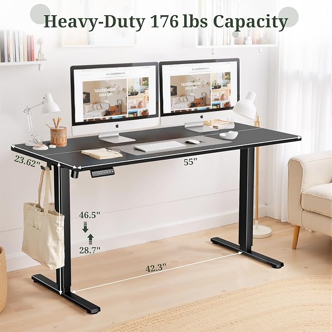 55 x 24 in Electric Standing Desk - Memory Height Adjustable Ergonomic Sit-to-Stand Rising Computer Table Gaming Workstations with 2 Hooks and Wire Hole for Home Office, Black