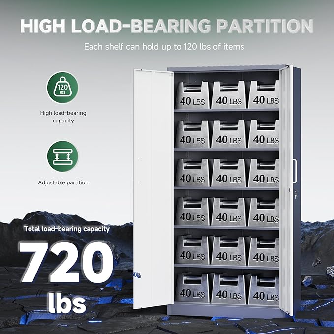 Letaya Metal Storage Cabinet with Lock Door and 5 Shelves,6 Tier Steel Garage Tool Cabinet for Home Office Utility Room 72" H X 36" W X18 D (White Gray)