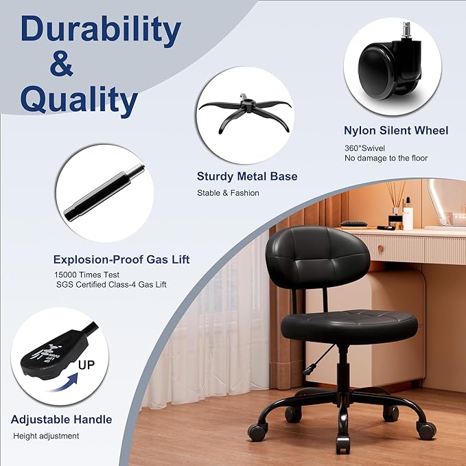 Misolant Vanity Chair with back, Small Armless Cute office Chair with wheels and Lumbar support, Comfy PU Leather Desk Computer Chairs with Adjustable Height, 360°Swivel for Home Bedroom Office, Black