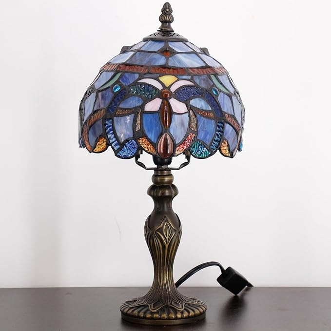 Small Tiffany Lamp Stained Glass Table Lamp Mini Desk Accent Light for Bedroom Bedside Reading Home Antique Style Decor 8X15 Inches (Blue Purple)