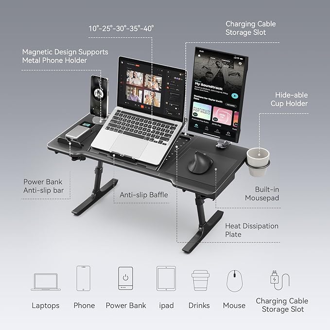 Newtral Lap Desk Bed Tray Table, Foldable Portable Laptop Table Tray for Chair, Laptop Stand for Couch Sofa Floor for Adults, Kids, Ideal for Study, Reading, Breakfast,and Working (Black, Premium)