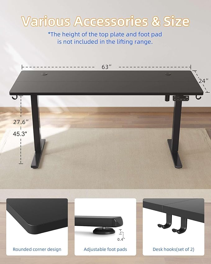 YIHAYO Electric Standing Desk, 63 x 24 Inches Stand Up Desk with Splice Board, Adjustable Height Desk, Computer Desk for Home Office, Black Frame/Black Top