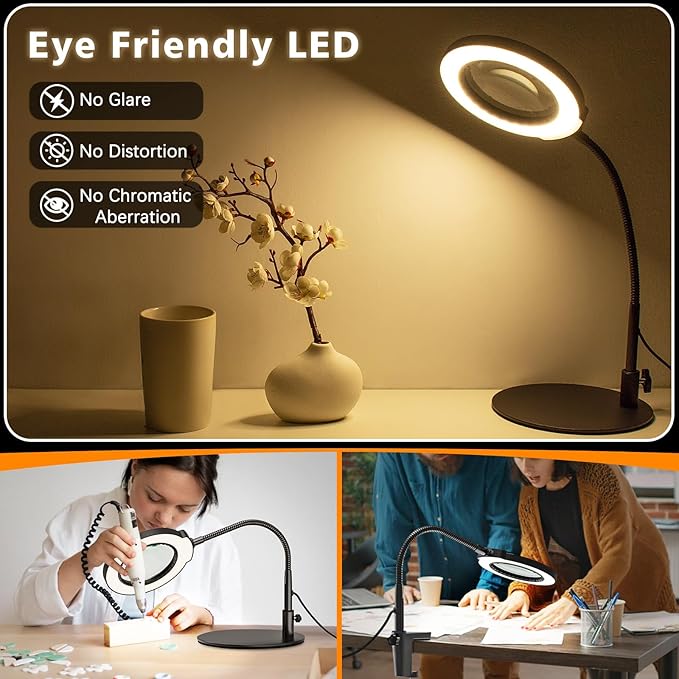 10X 15X Magnifying Glass with Light and Stand, 5 LED Color Modes Stepless Dimmable, Flexible Gooseneck Lighted Magnifying Glass with C-Clamp and Mental Base for Craft Close Work Sewing Reading