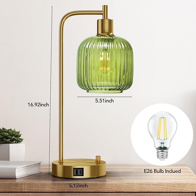 QiMH Industrial Table Lamp for Bedroom Set of 2, Green Glass Beside Lamp with USB A&C Ports, Stepless Dimmable Gold Lamps, Nightstand Lamps for Living Room, Office, Home Decor(Bulb Included)