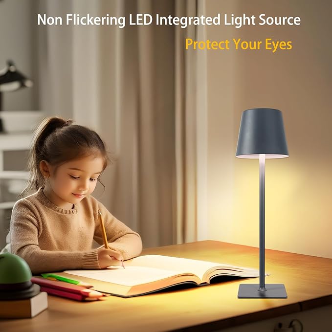 MIOBLUE 2 Pack Cordless Table Lamp,Portable LED Desk Lamp, 5200mAh Battery Operated, 3 Color Dimmable Table Light for Restaurant,Coffee Shop Night Light,Bedroom,Bars,Outdoor Party,Camping(Dark Grey)