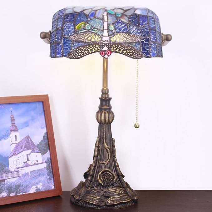 Tiffany Banker Lamp Small Stained Glass Table Lamp Tiffany Style Piano Light Blue Dragonfly Style Desk Lamp Angle Adjustable 10.6X15.7Inch for Home Office Living Room Bedroom
