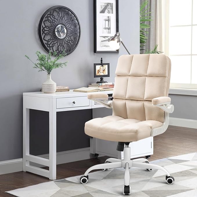 SEATZONE Home Office Chair–Beige Velvet Desk Chair with Wheels, Comfortable Computer Work Chair with Flip-up Arms and Adjustable Tilt
