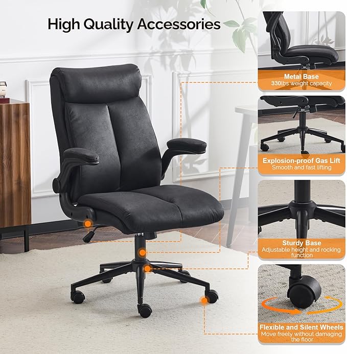 VINGLI Rolling Ergonomic Office Desk Chair with Padded Flip-up Arms, 360° Swivel High Back Executive Computer Task Chair with Wheels for Game,Home Small Space, Study Room, Reading Room,Pu Black