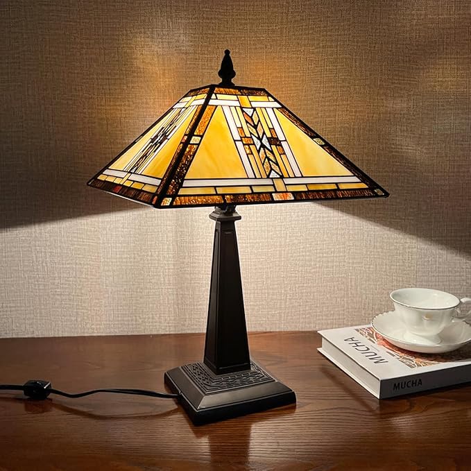 Tiffany Table Lamp,Mission Stained Glass Table Light,Antique Style Medium Size Desk Lamp Vintage Beside Reading Lamp for Living Room Bedroom Office