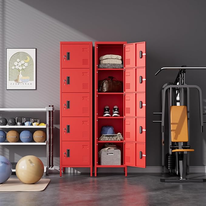 Metal Locker with Lock and Ventilation Holes,Metal Storage Locker with Business Card Slof for Home,Gym,Garage,School,Office,15.8" D x 15.8" W x 66" H Assembly Required,Red