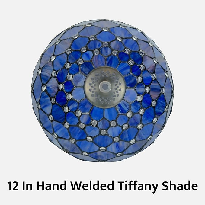 Tiffany Lamp Vintage Deep Blue Stained Glass Bead Table Lamp Desk Bedside Reading Light Decor Bedroom Living Room Home Office D12*H18 Inches