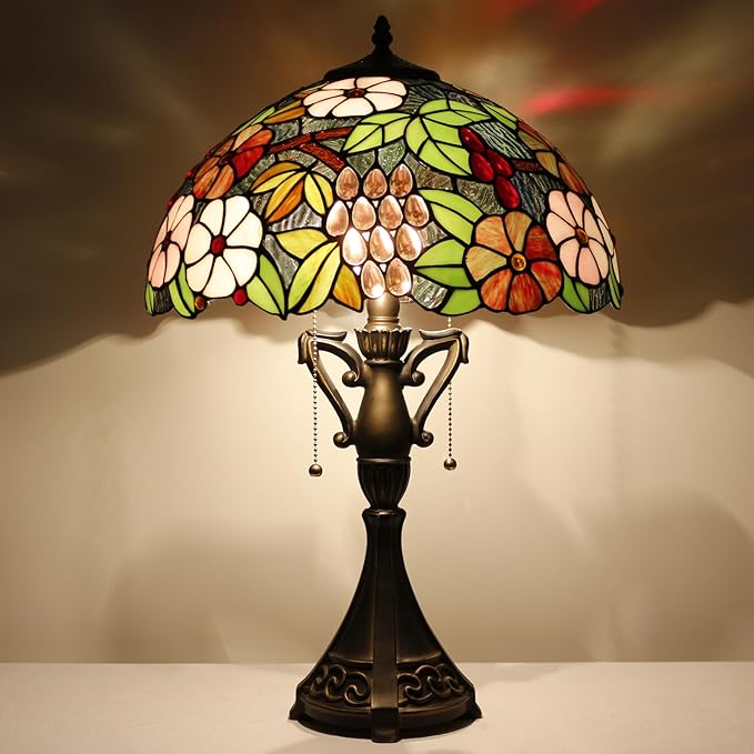 Tiffany Table Lamp 24 Inch High Antique Stained Glass Green Purple Grape Desk Reading Light Wide 16 Inch for Bedroom Living Room Home Office