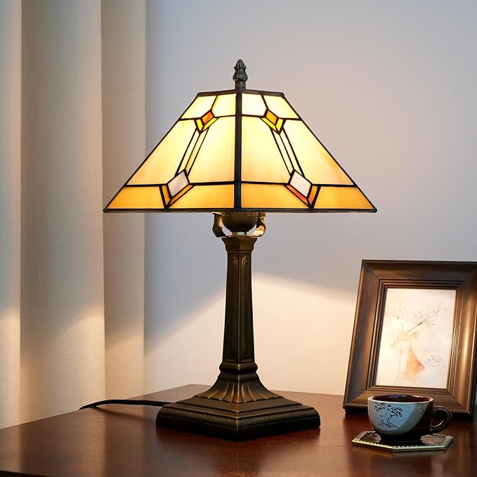 Tiffany Table Lamp Mission Style Stained Glass Table Light Yellow Antique Desk Lamp Vintage Beside Reading Lamp for Home Living Room Bedroom Office