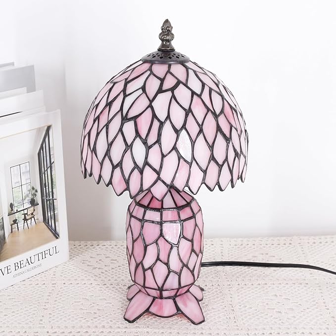 Small Tiffany Lamp Stained Glass Table Lamp Mini Mother Daughter Vase Desk Accent Night Light for Bedroom Bedside Reading Home Antique Style 8X14 Inches (Pink Wisteria)