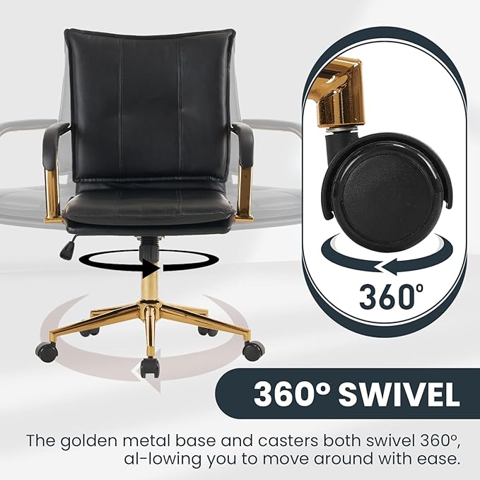 MOJAY Mid-Back Ergonomic Leather Office Desk Chair, Modern Upholstered Computer Chair, Executive Office Chair with Arms, Swivel Adjustable Rolling Chair with Gold Base (Black)