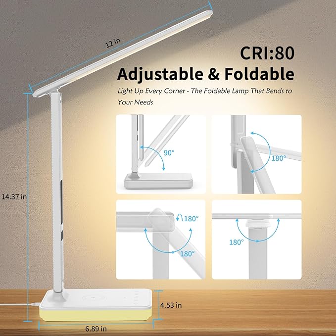LED Desk Lamp with Wireless Charger, USB Charging Port, Reading Lamp Desk Light with 5 Brightness, 3 Colors, Table Lamp with Clock, Alarm, Date, Temperature, Desk Lamp for Home Office Study (White)