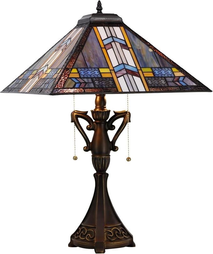 Tiffany Table Lamp Stained Glass Blue Cloudy Mission Style Desk Reading Light 16X16X24 Inch for Bedroom Living Room Home Office