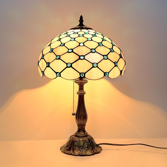 Tiffany Lamp Vintage White Grey Stained Glass Bead Table Lamp Desk Bedside Reading Light Decor Bedroom Living Room Home Office D12*H18 Inches