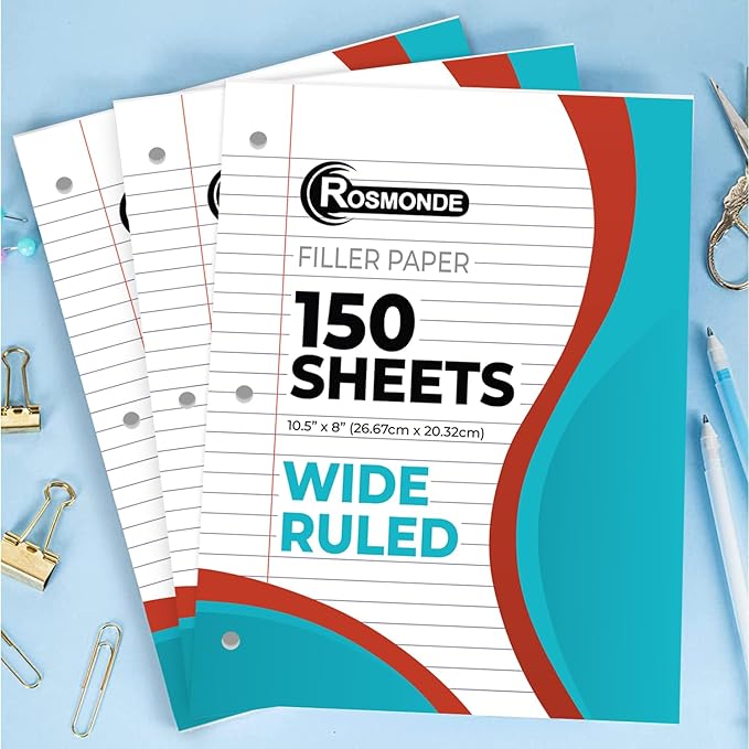 Rosmonde Bulk 3600 Sheets Loose Leaf Binder Filler Paper, Wide Ruled, Bulk Notebook Paper, 8 x 10.5", Loose Leaf Sheets, 3 Hole Punched, 24 Pack, 150 Sheets/Pack, Filler Papers, White