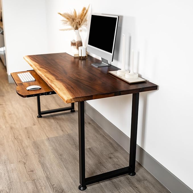 Solid Walnut Wood Computer Desk with Keyboard Tray – Live Edge Wooden Home Office Desks with Sturdy Metal Legs – Real Wood Table for Work, Study, or Gaming - 60” x 27”